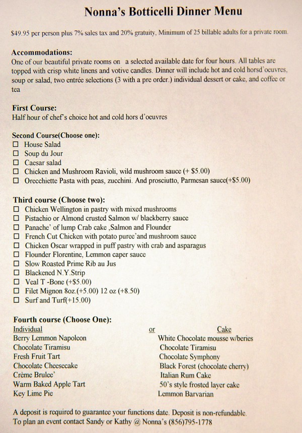 Nonnas Botticelli Dinner Menu