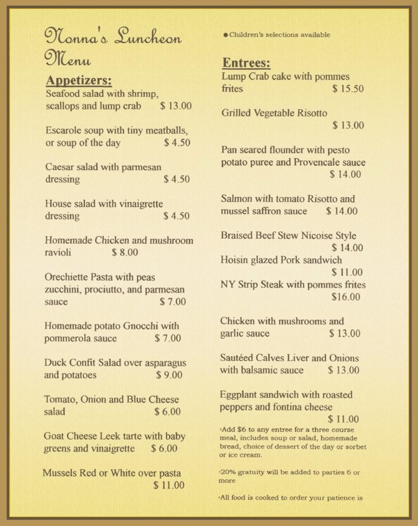 Nonnas Luncheon Menu, Daily Specials Available