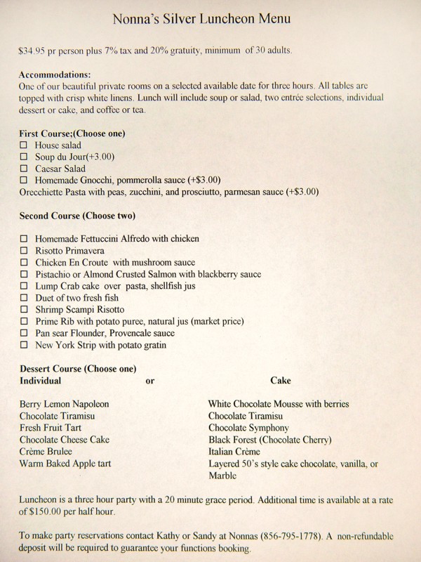 Nonnas Silver Luncheon Menu